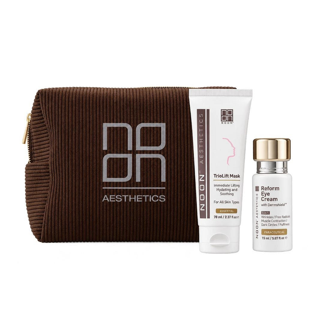 NOON Aesthetics Reform Eye Cream 15 ml og TrioLift Mask 70 ml i brun toalettmappe – kampanje med maske i gave