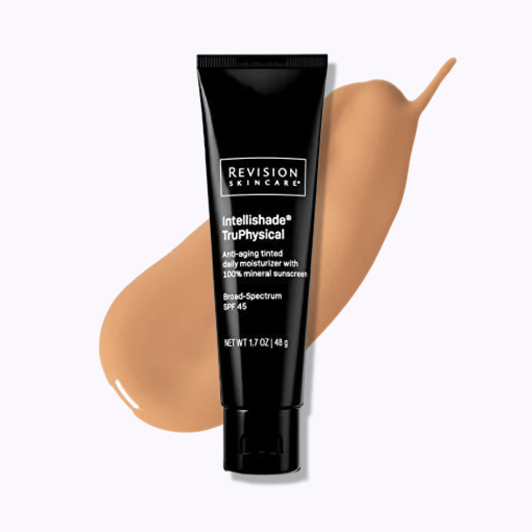 Revision Skincare Intellishade TruPhysical SPF 45 – tube og tonet tekstur