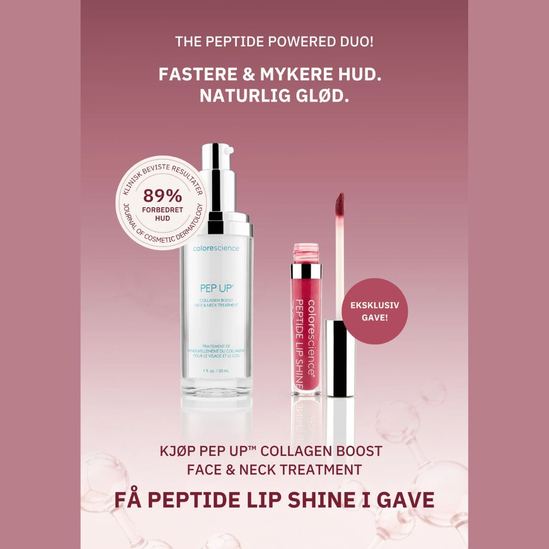 Colorescience kampanje: Kjøp Pep Up Collagen Boost Face & Neck Serum, få Peptide Lip Shine SPF 30 i gave - www.Hudonline.no