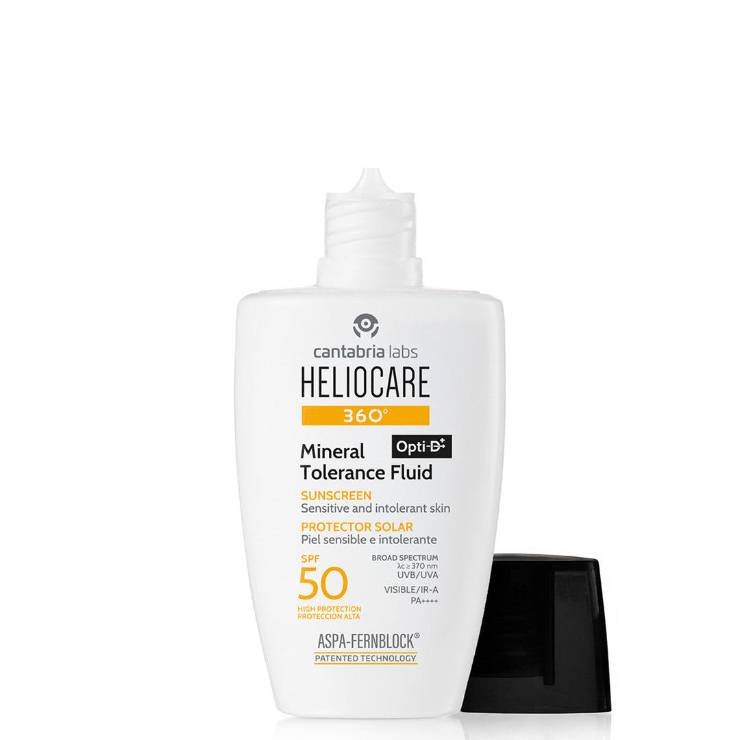 Heliocare 360° Mineral Tolerance Opti-D Fluid SPF 50+ åpen flaske - Hudonline.no
