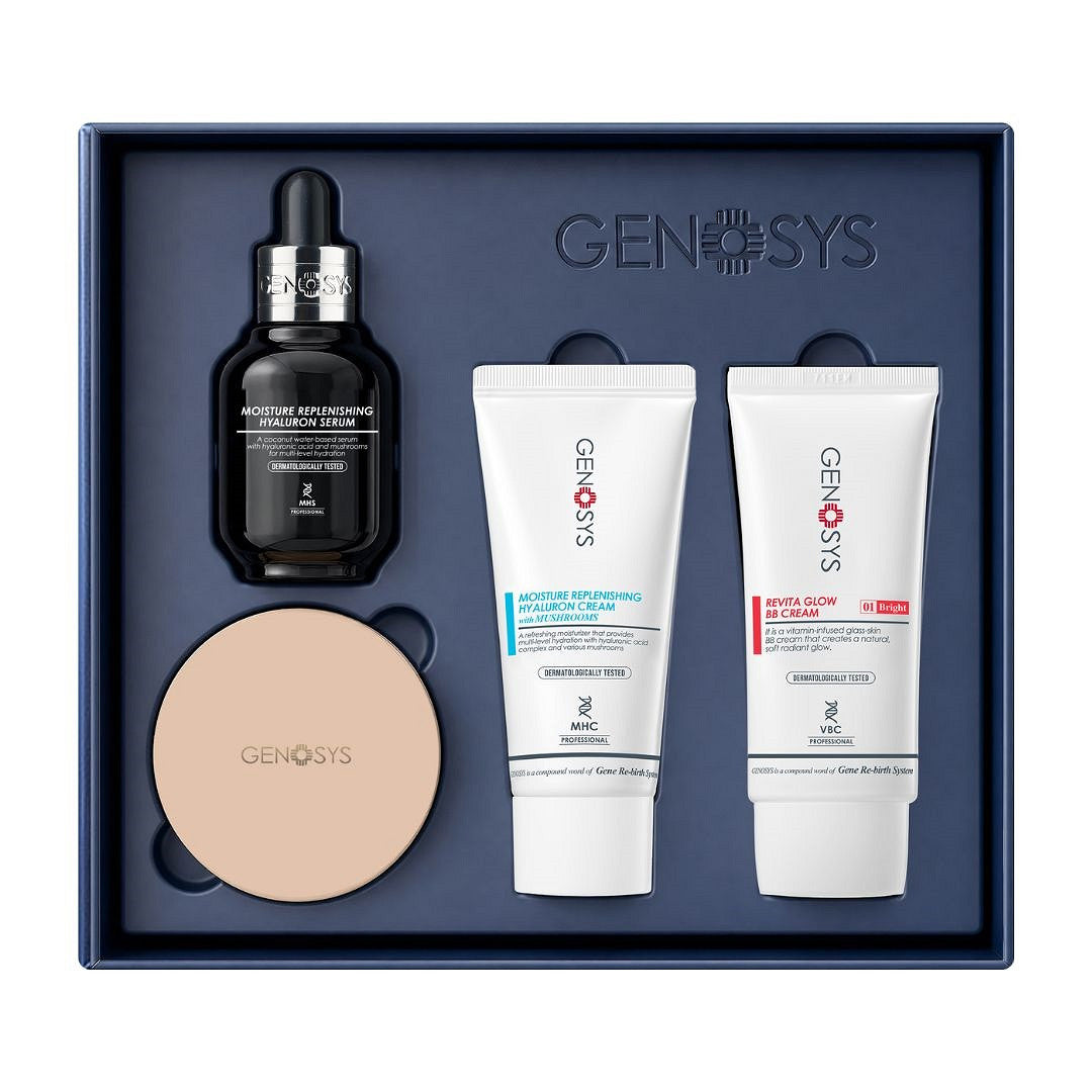 Genosys juleeske med Moisture Replenishing Hyaluron Serum, Hyaluron Cream, Revita Glow BB Cream og puff-case i gaveeske